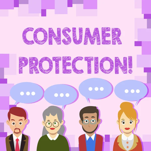 Conceptual hand writing showing Consumer Protection. Business photo showcasing regulation that aim to protect the rights of consumers Group of Business People with Speech Bubble with Three Dots.