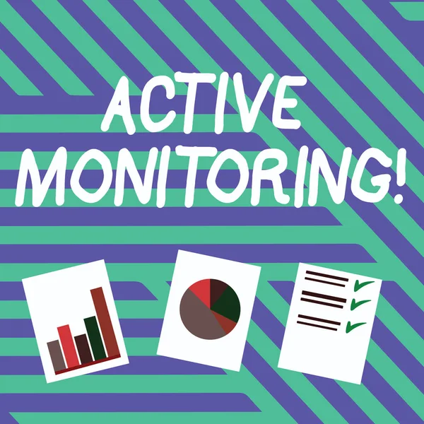 Conceptual hand writing showing Active Monitoring. Business photo text demonstrating incharge go out and check workplace conditions Presentation of Bar, Data and Pie Chart Graph on White Paper.