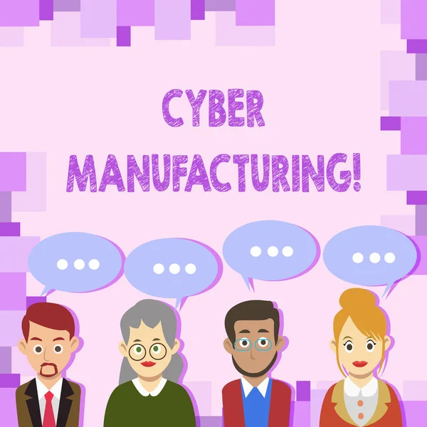 Conceptuele hand schrijven tonen Cyber Manufacturing. Zakelijke foto presenteert transformatief concept dat de vertaling van de gegevensgroep van zakelijke mensen met Spraakballon met drie puntjes beoogt. — Stockfoto