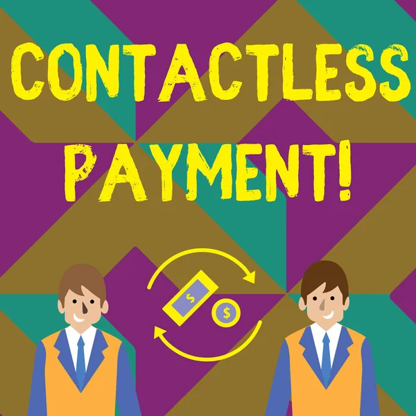 Text sign showing Contactless Payment. Conceptual photo use near field communication for making secure payments Money in Dollar Currency Sign Inside Rotating Arrows Between Two Businessmen.