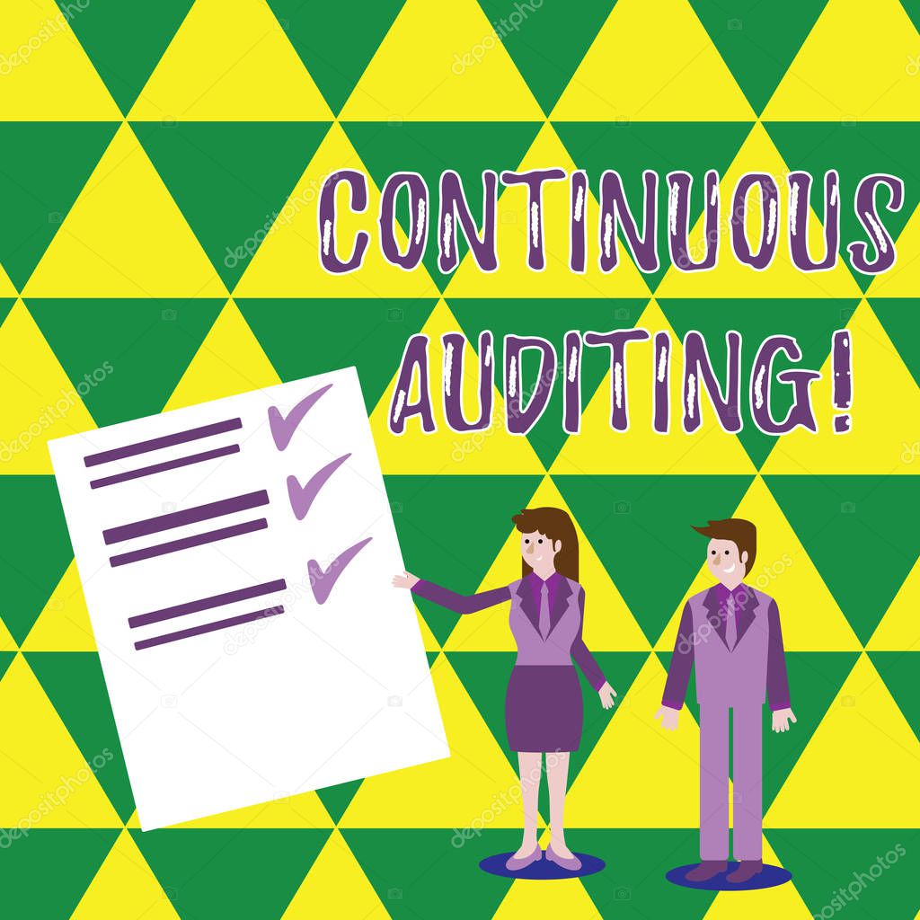 Word writing text Continuous Auditing. Business concept for Internal process that examines accounting practices Man and Woman in Business Suit Presenting Report of Check and Lines on Paper.