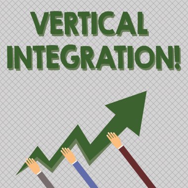 Dikey Tümleştirme gösteren kavramsal el yazısı. İş fotoğraf metin Üretim Eller Zigzag Lightning Ok İşaret ve Going Up farklı aşamalarında şirketlerin Birleşme.