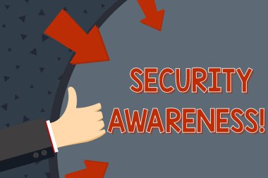 Güvenlik Farkındalığı'nı gösteren metin işareti. Bilgisayar güvenliği hakkında çalışanları eğiten kavramsal fotoğraf El Gesturing Thumbs Up ve Oklarla Boş Alan Yuvarlak Şekil Tutma.