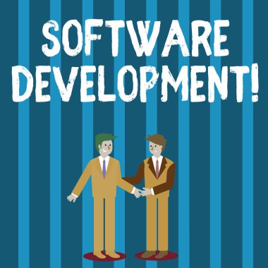 Kelime yazma yazılımı yazılımı geliştirme. Yazılım için iş kavramı özel bir programlama kullanılarak yaratılmıştır. İki İşadamı el sıkışarak ayakta, gülümseyip birbirlerini selamlar..