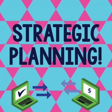 Sözcük yazma Stratejik Planlama. Para Birimi İşaretli ve Simgeli İki Dizüstü Bilgisayarın Arasında İstenen Geleceğin Değişim Oku Simgelerini öngören sistematik bir süreç konsepti.