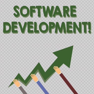 Yazılım Geliştirme gösteren kavramsal el yazısı. İş fotoğraf metin yazılımı belirli bir programlama Hands Holding Zigzag Lightning Arrow Pointing ve Going Up kullanılarak oluşturulur.