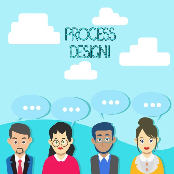 Word Writing Text Prozess Design. Business-Konzept für den Prozess der Entstehung und Entwicklung eines Plans für eine Produktgruppe von Geschäftsleuten mit Blanko-Chat-Sprechblase mit drei Punkten. — Stockfoto
