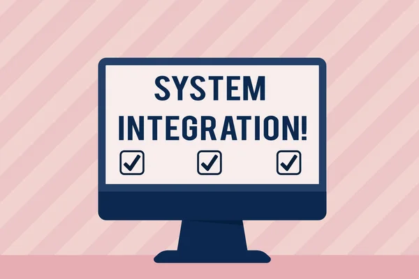 Handwriting text System Integration. Concept meaning process of bringing together the component subsystem Blank Space Desktop Computer Colorful Monitor Screen Freestanding on Table.