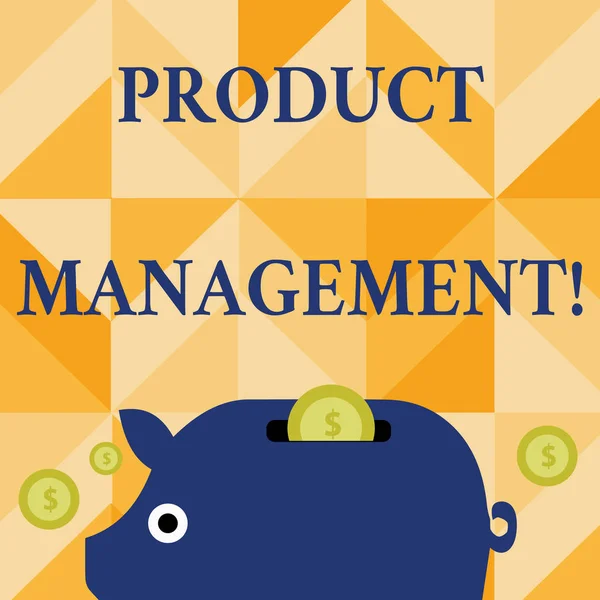 Conceptual hand writing showing Product Management. Business photo text organisational lifecycle function within a company Piggy Money Bank and Coins with Dollar Currency Sign on Slit. — Stock Photo, Image