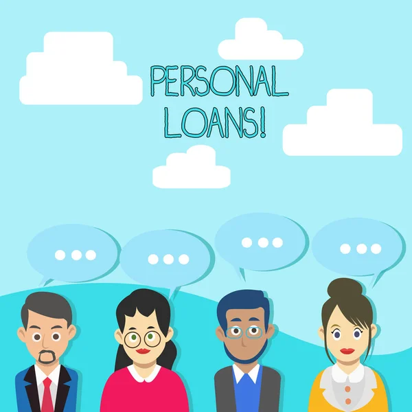 Word writing text Personal Loans. Business concept for unsecured loan and helps you meet your financial needs Group of Business People with Blank Color Chat Speech Bubble with Three Dots. — Stock Photo, Image