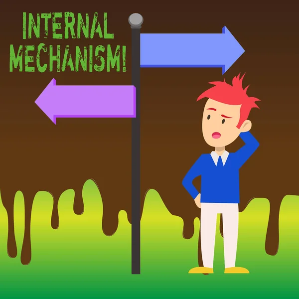 Word Writing Text internen Mechanismus. Geschäftskonzept für die vordersten Kontrollsätze für einen Unternehmensmann verwechselt mit dem Pfeil des Verkehrszeichens, der in die entgegengesetzte Richtung zeigt. — Stockfoto