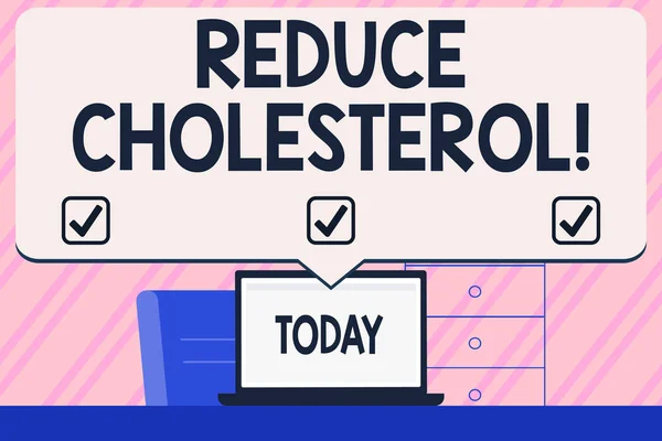 Conceptual hand writing showing Reduce Cholesterol. Business photo text lessen the intake of saturated fats in the diet Blank Huge Speech Bubble Pointing to the White Laptop Screen.