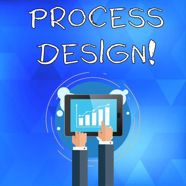 Scrivere testi a mano Process Design. Concetto che significa processo di creazione e sviluppo di un piano per un prodotto Businessman Hand Touch Pointing to Bar Line Chart sullo schermo dello smartphone . — Foto Stock