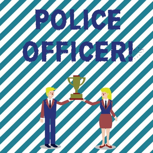 Handwriting text writing Police Officer. Concept meaning a demonstrating who is an officer of the law enforcement team Man and Woman in Business Suit Holding Together the Championship Trophy Cup. — Stock Photo, Image