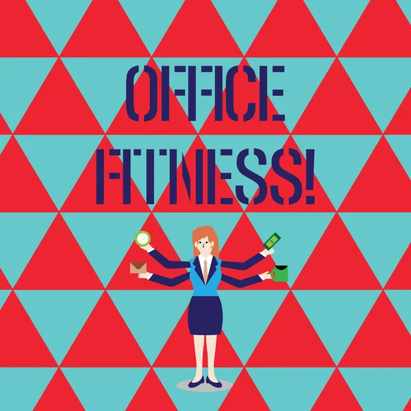 Концептуальный почерк, показывающий Office Fitness. Поощрение фитнеса и сбалансированности образа жизни на рабочем месте Женщина с четырьмя руками, растягивающими боковую сторону, нуждающаяся в деталях . — стоковое фото