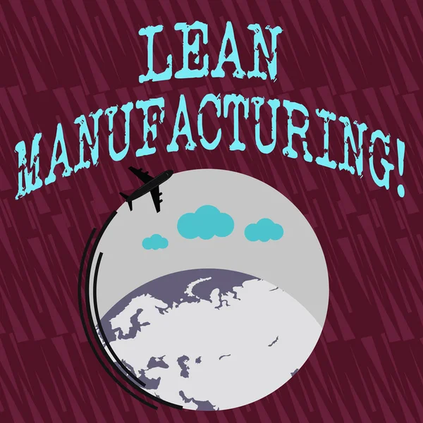 Textové znaménko "Lean Manufacturing" Koncepční fotografie zaměření na minimalizaci odpadu v rámci analyzního systému letadlo s ikonou přesunování kolem barevného glóbu a prázdného textového prostoru. — Stock fotografie