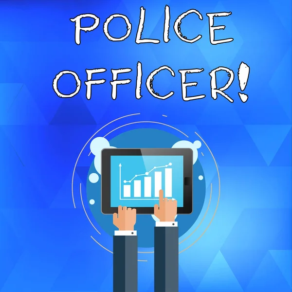 Handwriting text writing Police Officer. Concept meaning a demonstrating who is an officer of the law enforcement team Businessman Hand Touching Pointing to Bar Line Chart on Smartphone Screen. — Stock Photo, Image