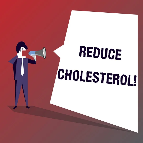 Conceptual hand writing showing Reduce Cholesterol. Business photo showcasing lessen the intake of saturated fats in the diet Businessman Shouting on Megaphone and White Speech Bubble. — Stock Photo, Image