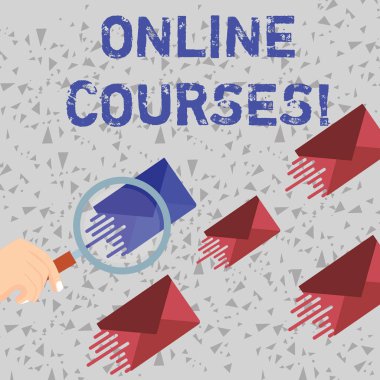 Kelime yazma metni çevrimiçi kurslar. Kurslar için iş konsepti, bir web tarayıcısına farklı bir renk zarfındaki büyüteç üzerinde bir dizi ders sunar ve diğerleri aynı tona sahiptir.