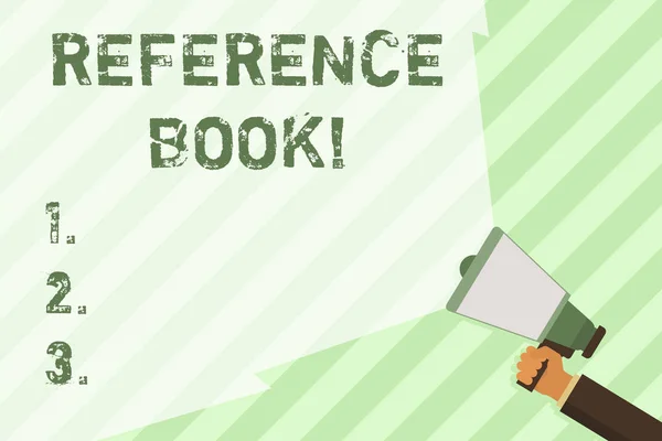 Word writing text Reference Book. Business concept for book to be consulted for information on specific matters Hand Holding Megaphone with Blank Wide Beam for Extending the Volume Range.