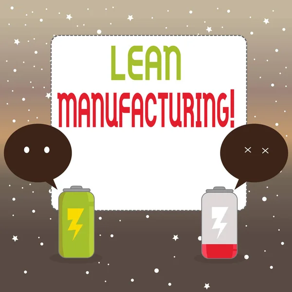 Manuscrito texto escrevendo Lean Manufacturing. Conceito que significa foco em minimizar o desperdício dentro de sistemas de analisaçãosufactura Bateria totalmente carregada e descarregada com duas bolhas de fala Emoji coloridas . — Fotografia de Stock