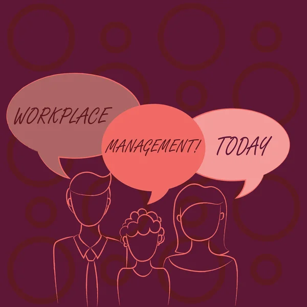 Word writing text Workplace Management. Business concept for organizing things surrounding you in your working space Family of One Child Between Father and Mother and Their Own Speech Bubble. — ストック写真