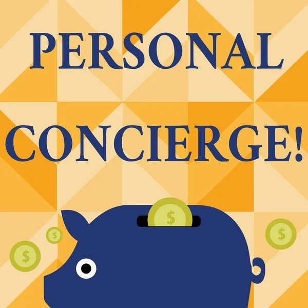 Begrebsmæssig håndskrift, der viser Personal Concierge. Business foto tekst en person, der vil gøre arrangementer eller køre ærinder Piggy Money Bank og Mønter med Dollar Valuta Log på Skar . - Stock-foto