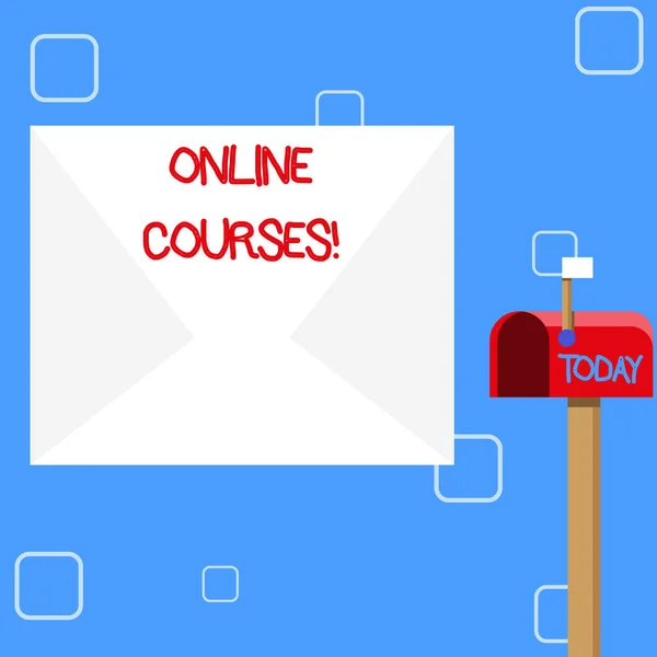 Χειρόγραφο κείμενο σε απευθείας σύνδεση μαθήματα. Ιδέα που σημαίνει μαθήματα προσφέρουν μια σειρά από μαθήματα σε ένα πρόγραμμα περιήγησης στο Web κενό μεγάλο λευκό φάκελο και ανοιχτό κόκκινο γραμματοκιβώτιο με μικρή σημαία up σηματοδότηση. — Φωτογραφία Αρχείου