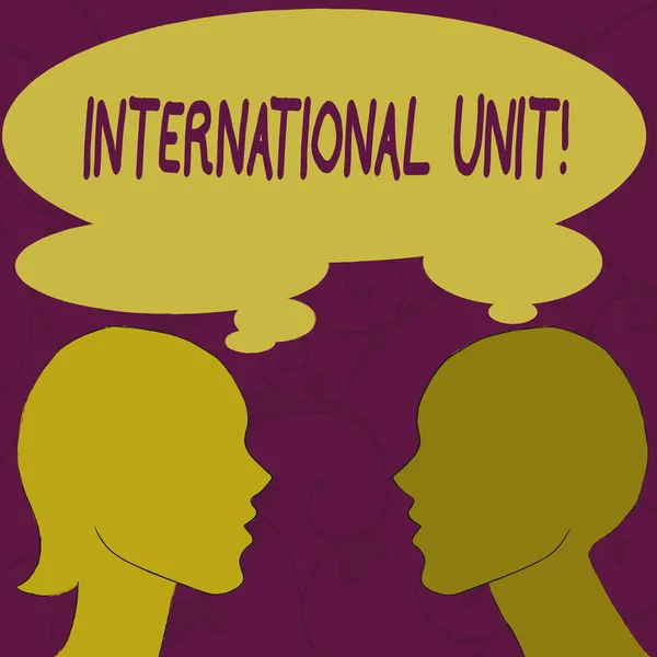 Text sign showing International Unit. Conceptual photo the internationally accepted amount of a substance Silhouette Sideview Profile Image of Man and Woman with Shared Thought Bubble. — Stock Photo, Image