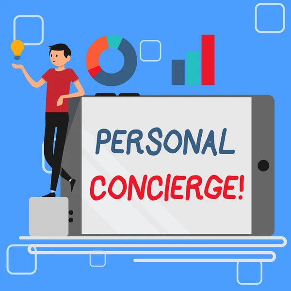 Manuscrito texto Personal Concierge. Conceito que significa alguém que vai fazer arranjos ou executar recados Homem inclinado em branco Smartphone girou em seu lado com gráfico e Ideia Ícone . — Fotografia de Stock