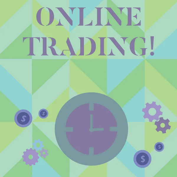 Σήμα κειμένου που δείχνει Online Trading. Εννοιολογική φωτογραφία την αγορά και την πώληση των χρηματοπιστωτικών προϊόντων στη σελίδα Time Management Εικόνες του ρολογιού, γρανάζι τροχών Cog και δολάριο σύμβολο νομίσματος. — Φωτογραφία Αρχείου