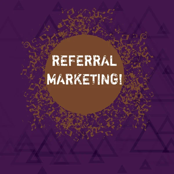 Writing note showing Referral Marketing. Business photo showcasing the process of leveraging partners and customers Disarrayed Jumbled Musical Notes Icon with Colorful Circle. — 스톡 사진