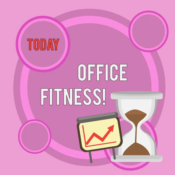 Writing note showing Office Fitness. Business photo showcasing Encouraging fitness and balance lifestyle in the workplace Growth Chart with Arrow Going Up and Hourglass Sand Sliding. — ストック写真