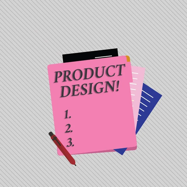 Text sign showing Product Design. Conceptual photo process of creating or improving a product for clients needs Colorful Lined Paper Stationery Partly into View from Pastel Blank Folder. — Stock Photo, Image