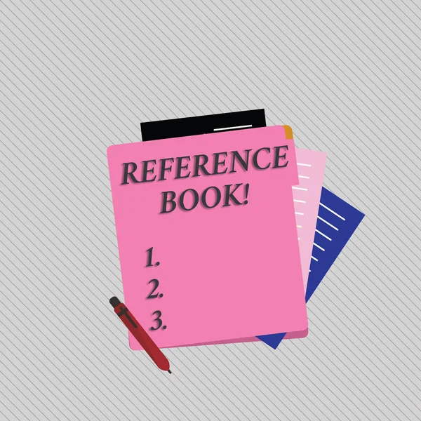 Text sign showing Reference Book. Conceptual photo book to be consulted for information on specific matters Colorful Lined Paper Stationery Partly into View from Pastel Blank Folder.