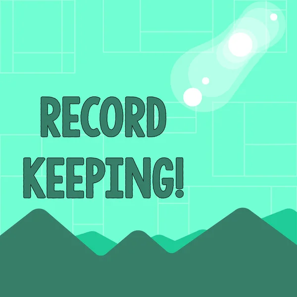 Conceptual hand writing showing Record Keeping. Business photo text The activity or occupation of keeping records or accounts View of Colorful Mountains and Hills Lunar and Solar Eclipse.