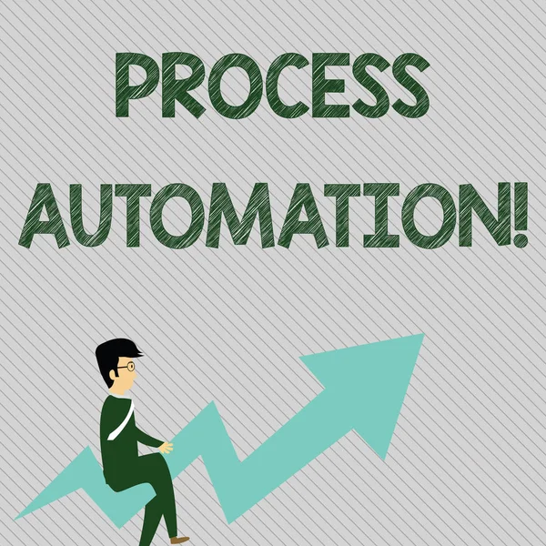 Signo de texto que muestra Automatización de procesos. Foto conceptual el uso de la tecnología digital para realizar un proceso Empresario con anteojos Cabalgando Crooked Color Arrow Pointing Going Up . — Foto de Stock