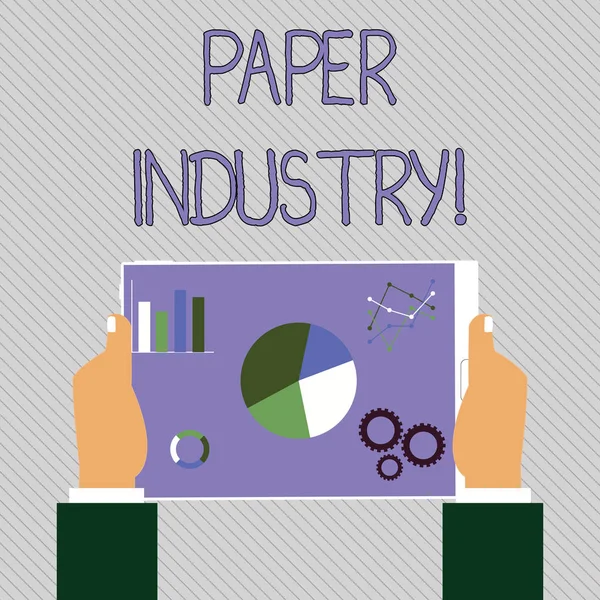 Text sign showing Paper Industry. Conceptual photo industry of analysisufacturing and selling cellulosebased product Hands Holding Tablet with Search Engine Optimization Driver Icons on Screen.