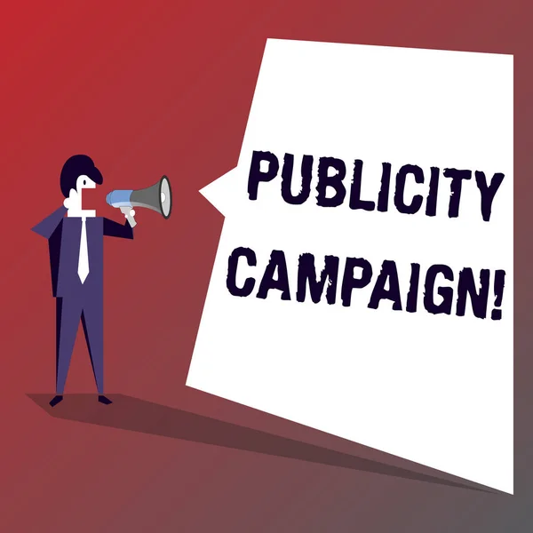 Conceptual hand writing showing Publicity Campaign. Business photo showcasing an effort to convey essential information to the public Businessman Shouting on Megaphone and White Speech Bubble.