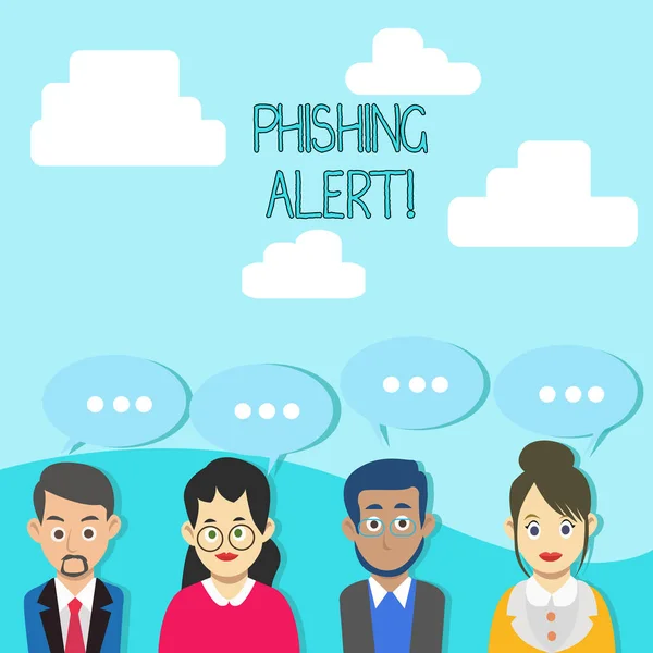 Słowo pisanie tekstu Phishing Alert. Koncepcja biznesowa dla Bądź ostrożny do oszustwa próby uzyskania subtelnych faktów Grupa Biznesmenów z pustymi kolorami Chat Speech Bubble with Three Dots. — Zdjęcie stockowe