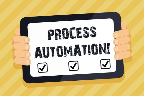 Text sign showing Process Automation. Conceptual photo the use of digital technology to perform a process Color Tablet Smartphone with Blank Screen Handheld from the Back of Gadget.