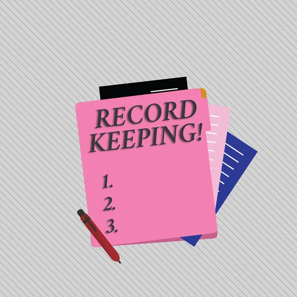 Text sign showing Record Keeping. Conceptual photo The activity or occupation of keeping records or accounts Colorful Lined Paper Stationery Partly into View from Pastel Blank Folder.
