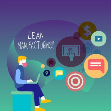 Text sign showing Lean Manufacturing. Conceptual photo focus on minimizing waste within analysisufacturing systems Man Sitting Down with Laptop on his Lap and SEO Driver Icons on Blank Space. clipart