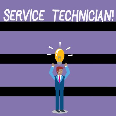 Servis teknisyenini gösteren bir not yazıyorum. İş fotoğraflarının gösterildiği yer: Kurulum ve onarım işadamı Arms Up Up with Lighted Ampul simgesi yukarıda.