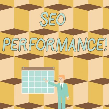 Seo Perforanalysisce'ı gösteren bir metin işareti. Kavramsal fotoğraf web sitesi İşadamı Gülümseyen ve Duvarda Star Hang ile Renkli Takvim işaret trafik miktarı ve kalitesini artırmak.