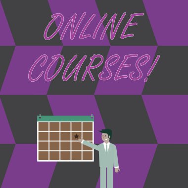 Çevrimiçi kursları gösteren kavramsal el yazısı. İş fotoğrafçılığı kursları, bir web tarayıcısına bir dizi ders veriyor. İş adamı gülümseyen ve Wall 'daki Star' la İşaret Takvimi.