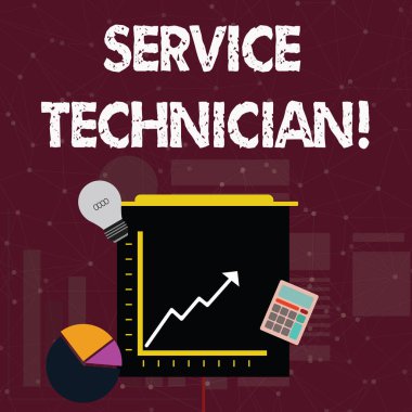 El yazısı metin Servis Teknisyeni. Kavram anlamı Tüm site kurulum ve onarım görevi Yatırım Simgeleri Pasta ve Çizgi Grafik Ok Going Up, Ampul, Hesap makinesi ile yönetme.