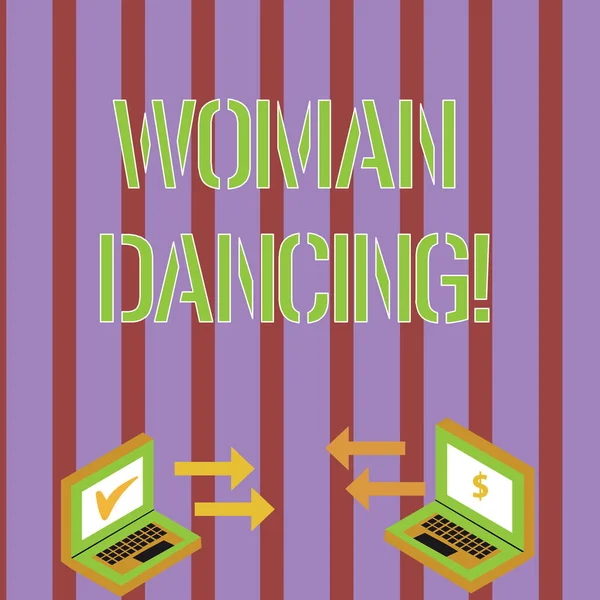 Nota di scrittura che mostra Woanalysis Dancing. Business foto in mostra woanalysis fiducioso che balla con grazia e professionalmente le icone freccia tra due laptop segno di valuta e controllare le icone . — Foto Stock