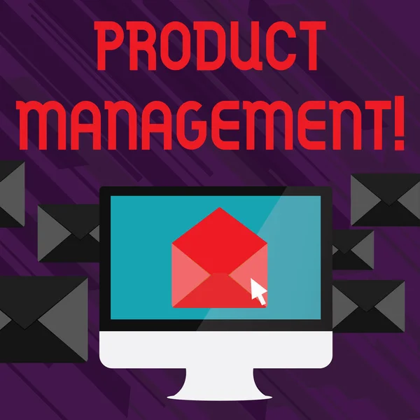 Handwriting text writing Product Management. Concept meaning organisational lifecycle function within a company Open Color Envelope inside Computer Screen. Letter Casing Surrounds the PC. — Stock Photo, Image