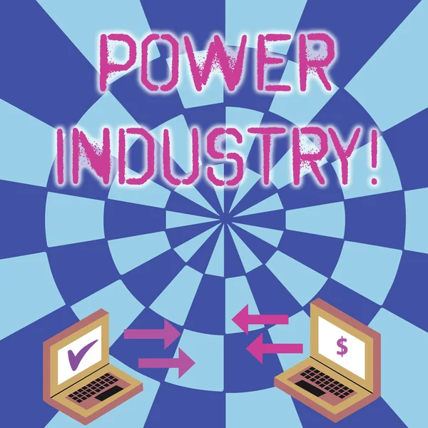 Conceptual hand writing showing Power Industry. Business photo text industries involved in the production and sale of energy Arrow Icons Between Two Laptop Currency Sign and Check Icons.